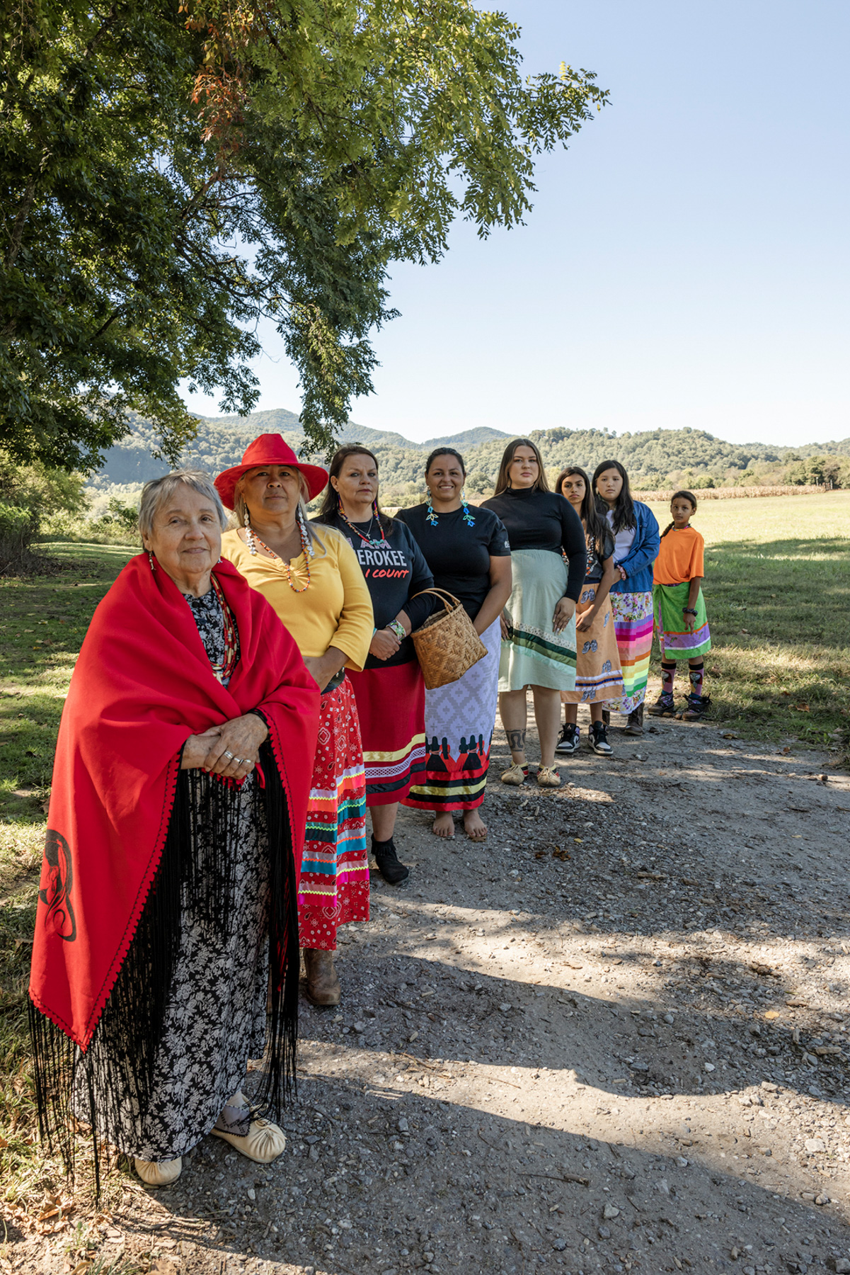 I-tsu-la (Together). The path of a Cherokee woman isn’t walked alone. We walk behind our elders to receive wisdom. We walk in front of the next generation to protect them. We walk beside Ancestors’ shadows to receive the strength to be resilient.-Beloved Woman Carmelita Monteith, Nikki, Anita, Kimberly, Faith, Jasmine, Zailyana, Janée.