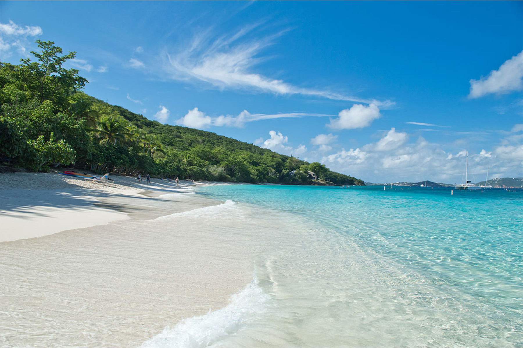Blue beach with white sands and tropical trees