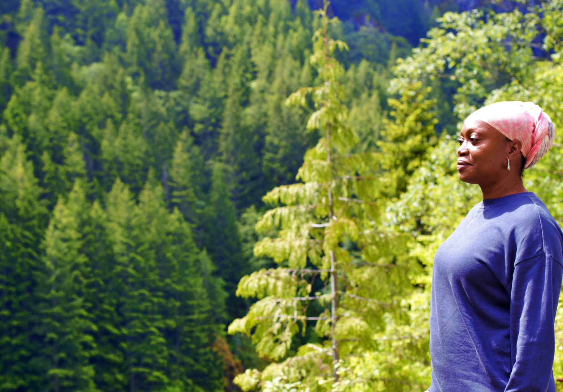 A woman admiring the view above a forest.
