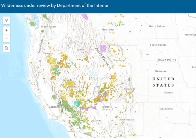 Screenshot of map titled "Wilderness under review by Department of the Interior"