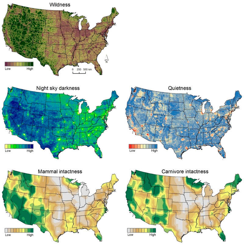 Maps of values used to evaluate different wildness criteria