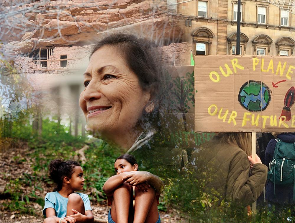 Photo collage of trees, woman's face, sandstone ruins, protesters, kids