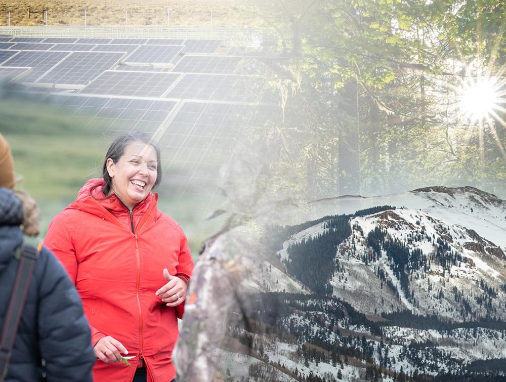 Photo collage of solar panels, sunlight streaming through trees, snowy mountain and smiling woman wearing a coat