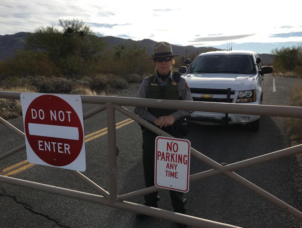 National Park Service officer at the main entrance to Saguaro National Park, Arizona