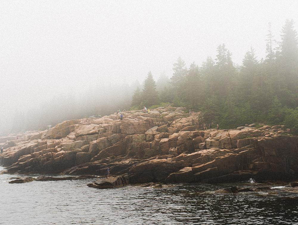 A photo of a cloudy cliff with trees and rocks