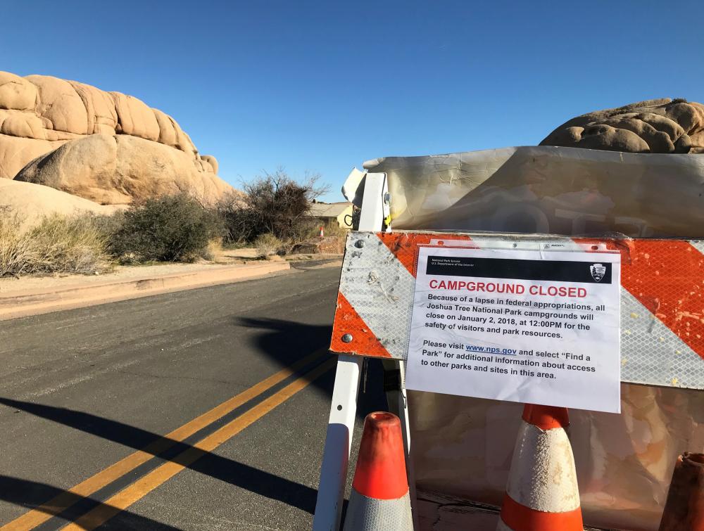 Sign marks closed campground at Joshua Tree National Park in California during the partial shutdown of the federal government in January 2019