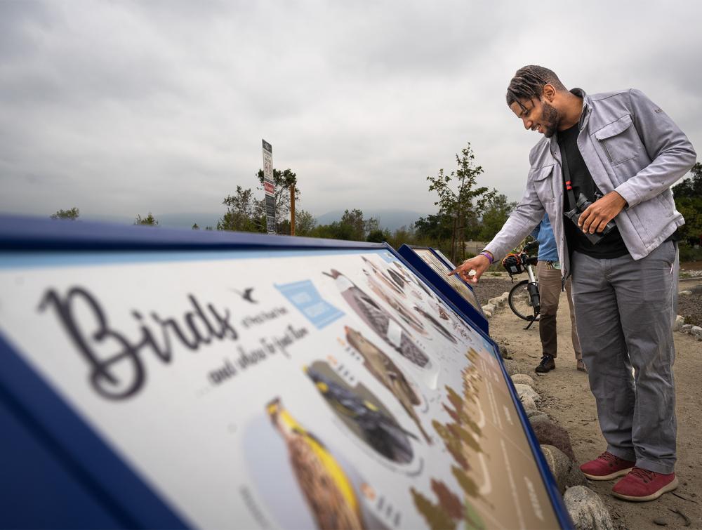 person with binoculars reading a sign about birding