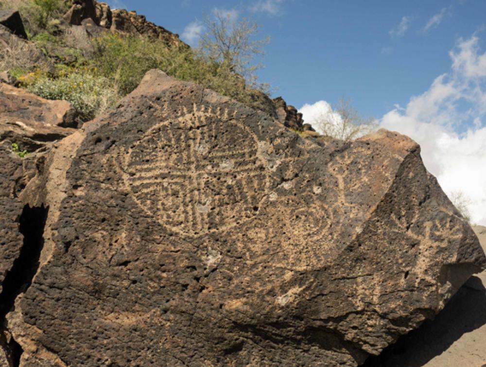 Petroglyph shows signs of damage from target shooting in Sonoran Desert National Monument, Arizona