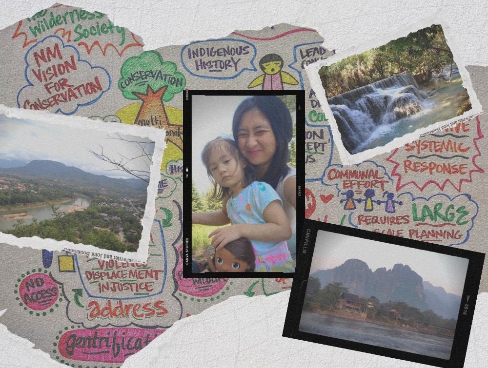 Four collage images of landscapes from the author's background laid on top of the new vision for conservation blueprint drawing. Kay and her child are the most center photo.