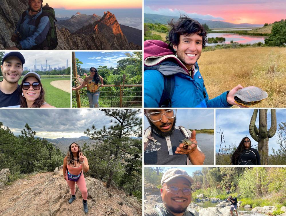 collage of eight pictures of people enjoying the outdoors and smiling to the cameras