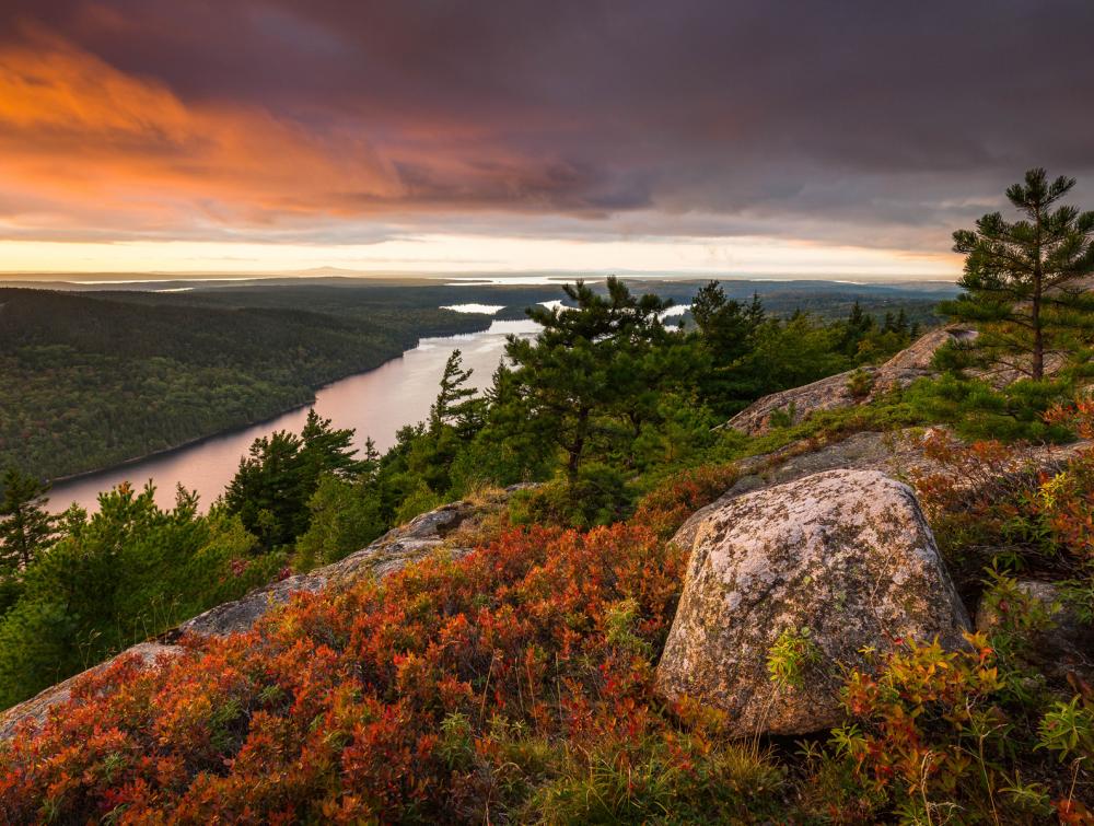 Sunset view from a mountain over a valley, Maine