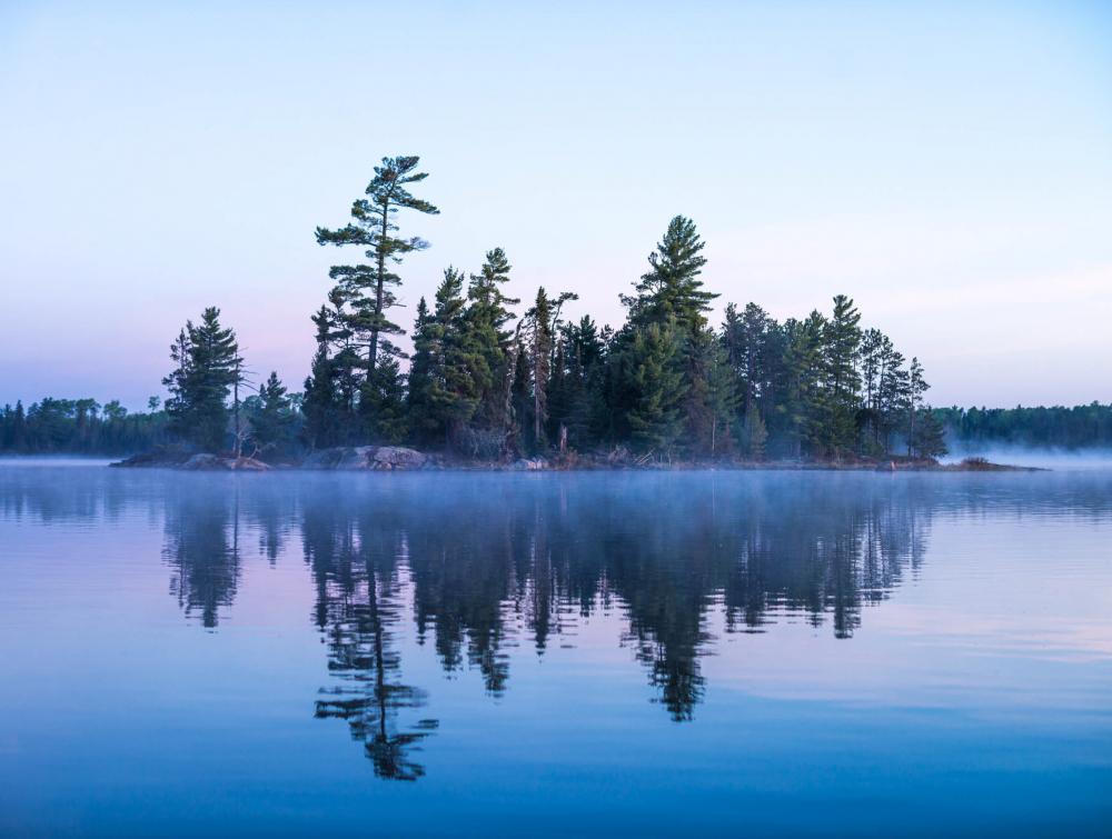 Trees and water at sunset in Boundary Waters Canoe Area, Minnesota.