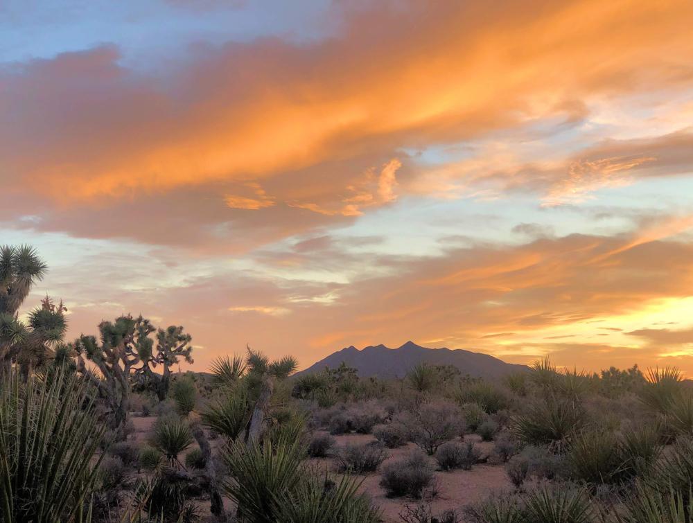 Orange-streaked clouds at sunset above desert landscape