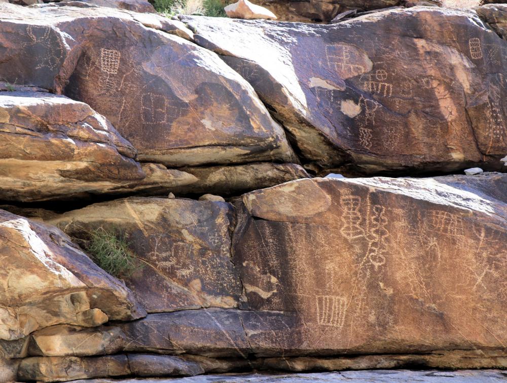 Petroglyphs on rocks in a sunlit setting 