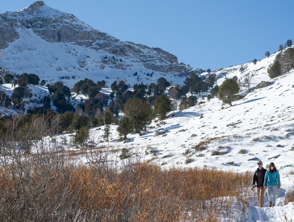 people walking surrounded by snowy mountains