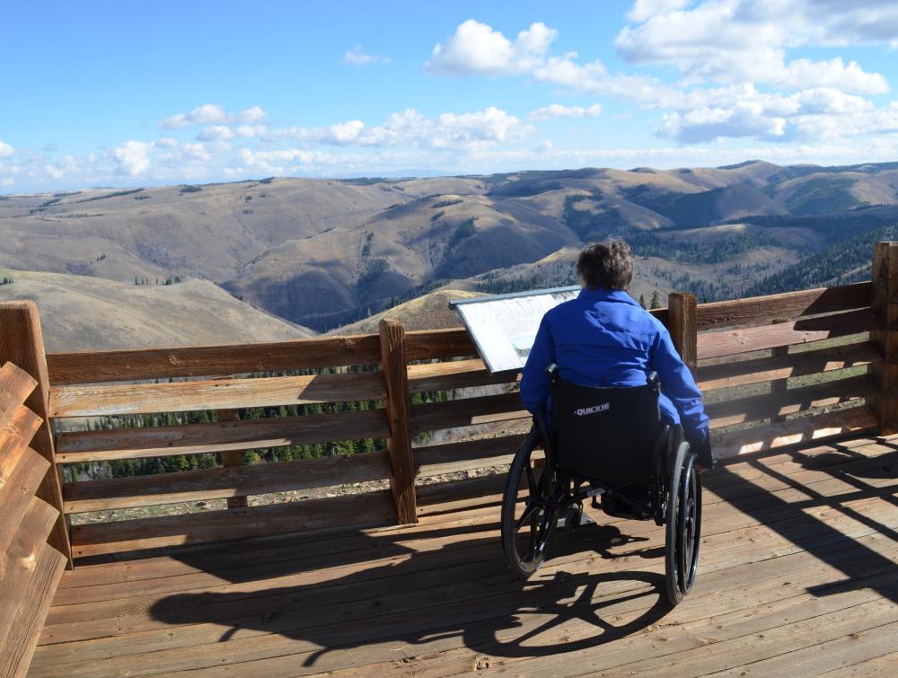 Person on a wheelchair looking over a beautiful scenery of mountains and nature.