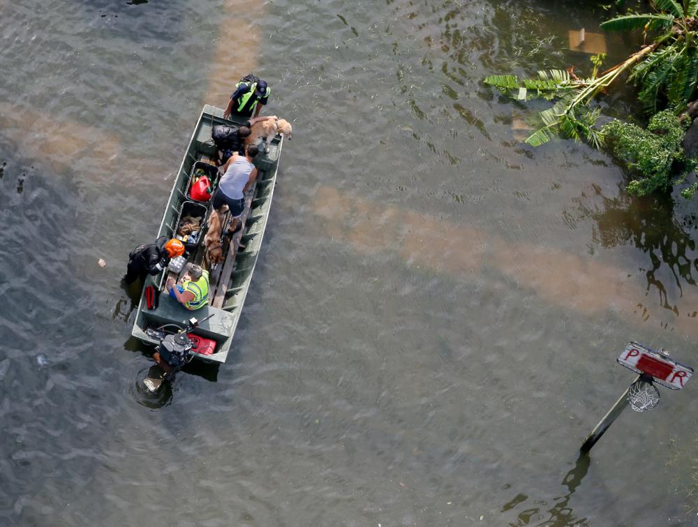Aerial view of a people in a boat that's floating on brownish flood waters