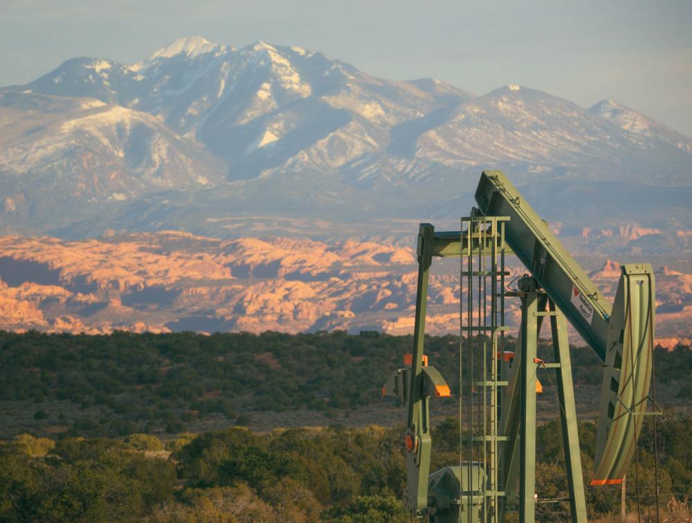 Oil rig outside the boundary of Canyonlands National Park, Utah.