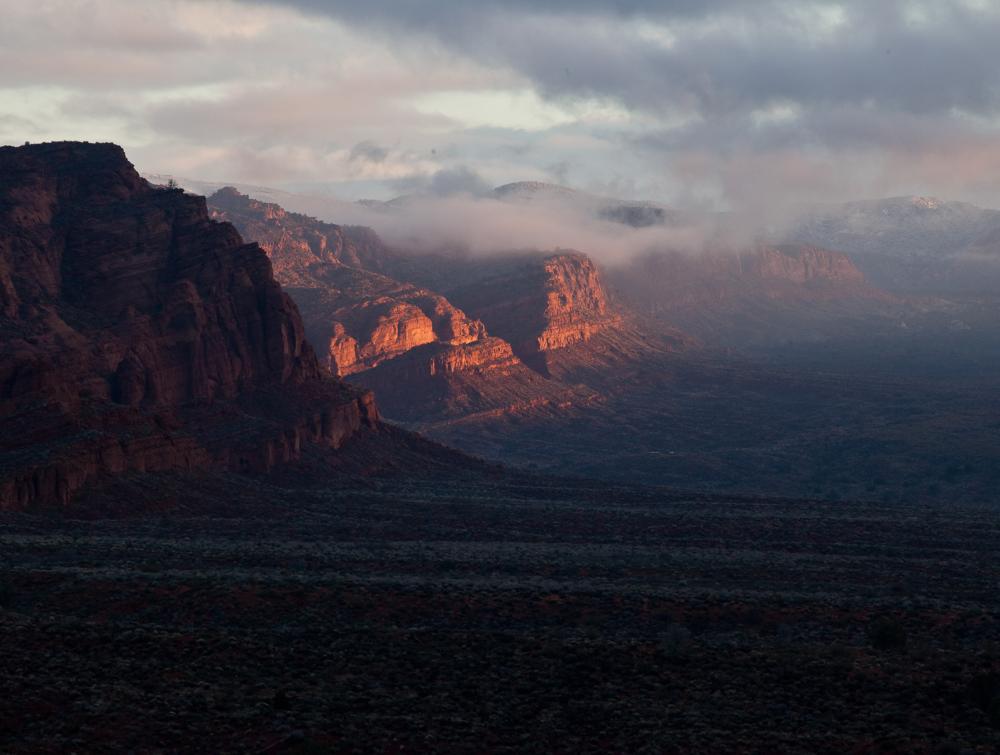 Sunset light hitting the cliffs in Cottonwood Canyon Wilderness, Utah.