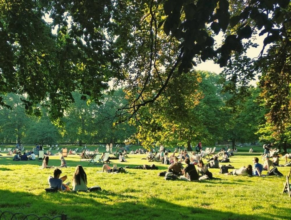 People enjoying green city park