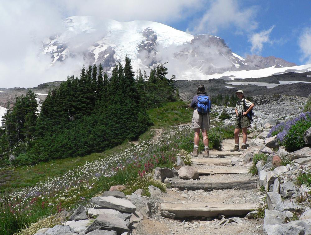 Two volunteers on hiking trail next to trees, mountains in background, Mt Rainier National Park, Washington