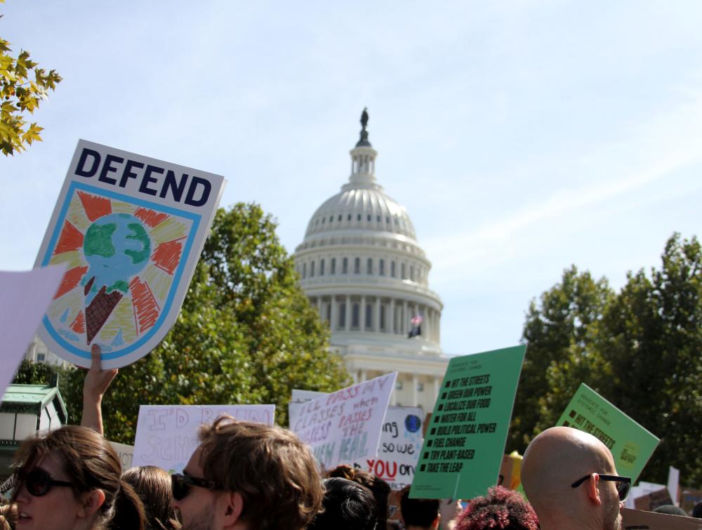 A sign that says "DEFEND" outside of the nation's capital at the 2019 Global Climate Strike