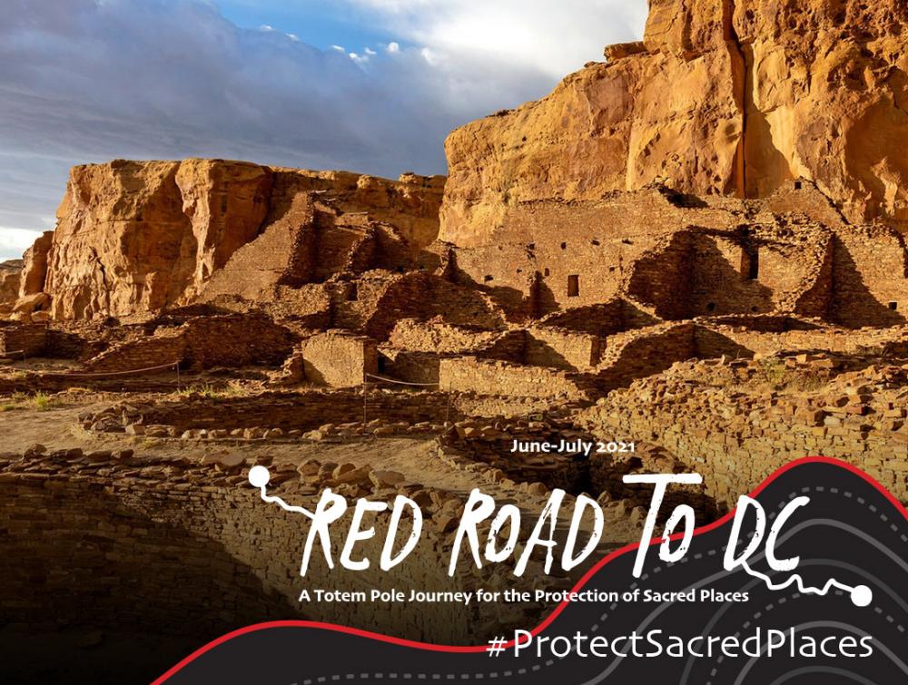 Puebloan southwestern ruins in desert landscape under blue and cloudy sky, with titles reading "Chaco Canyon, New Mexico" and "Red Road to DC"