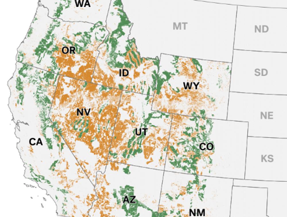 Section of map of United States with tracts of land filled in orange and green