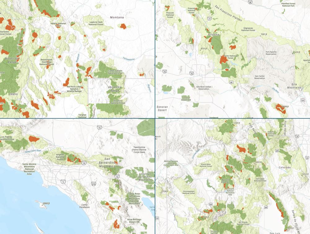 Four maps with overlapping green and orange shapes