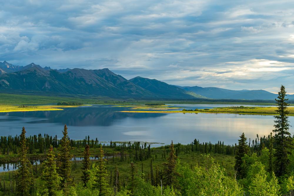 Wide view of a mountain range rising above a calm lake, with evergreen forest in the foreground and dramatic clouds casting light across the landscape.