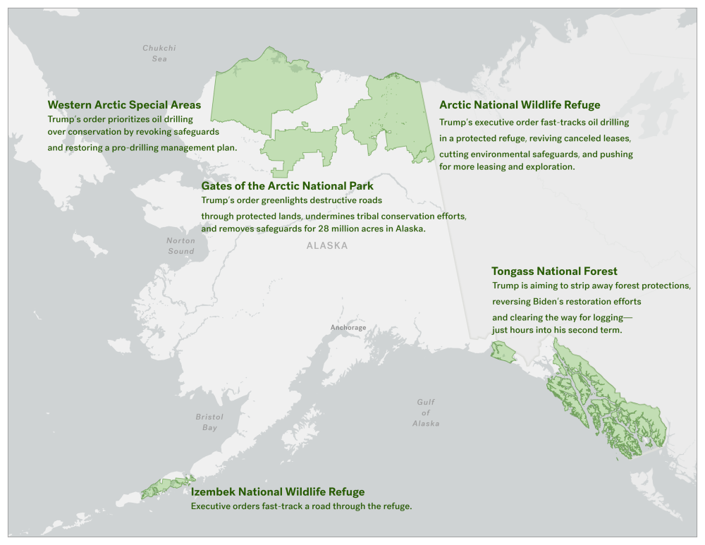 map of alaska with western arctic, arctic refuge, izembek refuge and gates of the arctic park showing