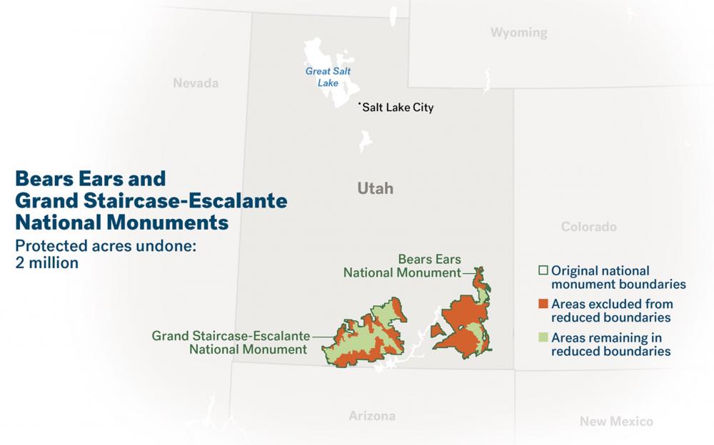 Map showing original extent of Bears Ears and Grand Staircase-Escalante national monuments and Trump reductions