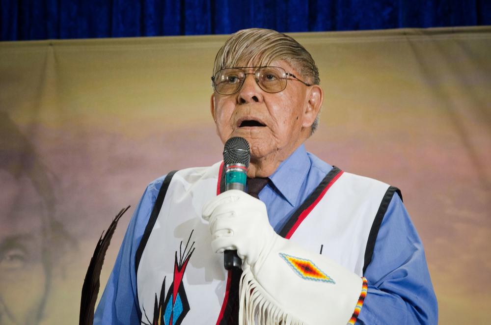 Man speaking into microphone in front of backdrop