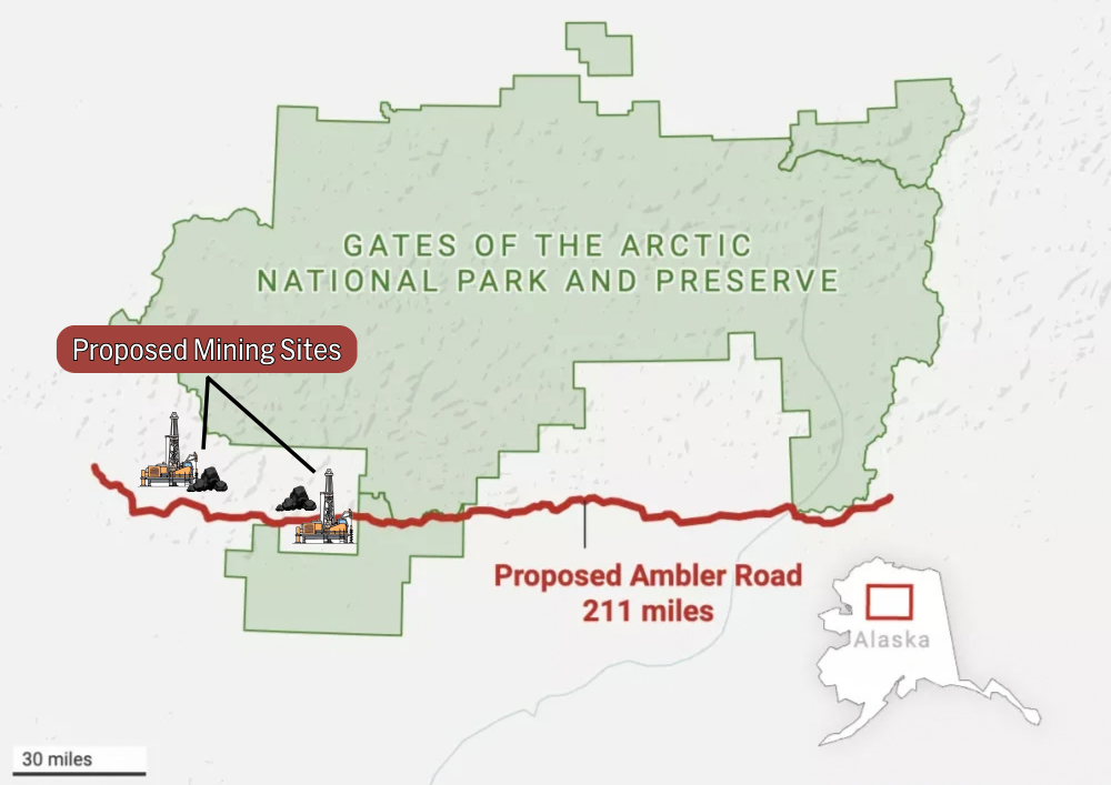 Map that shows the areas that the Ambler Road will go through that leads to the proposed mining sites.