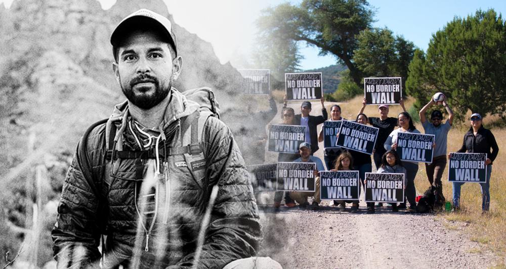 Left: black and white image of man with baseball cap and mountains behind him . Right: People holding signs that say "No Border Wall"