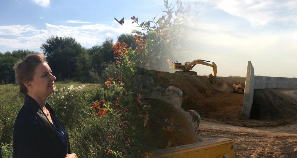 Left: Woman facing bush surrounded by orange butterflies with field and cloudy blue sky behind her. Right: Backhoe on construction site for levee-wall