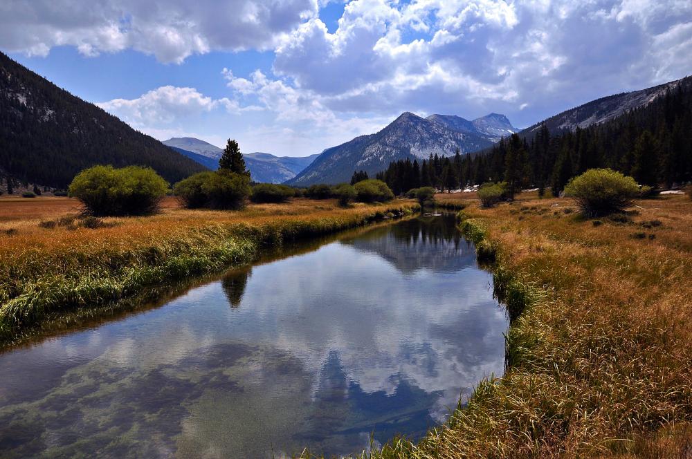 lake reflecting clouds, surrounded by plans and a prairie, and a mountain peak in the background