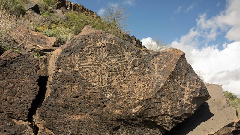 Petroglyph shows signs of damage from target shooting in Sonoran Desert National Monument, Arizona