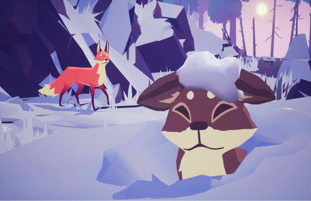In a wintery landscape, fox kit is in the foreground with snow on his head, the mother fox watches him in the background.