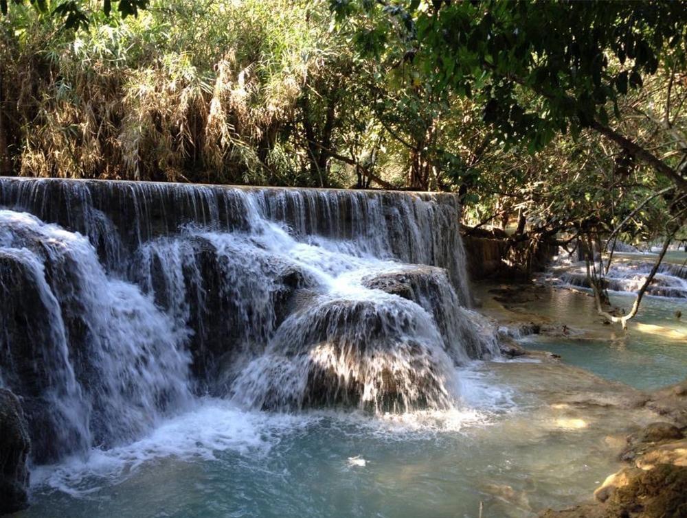 A waterfall flows down a small cliff in a forested area.