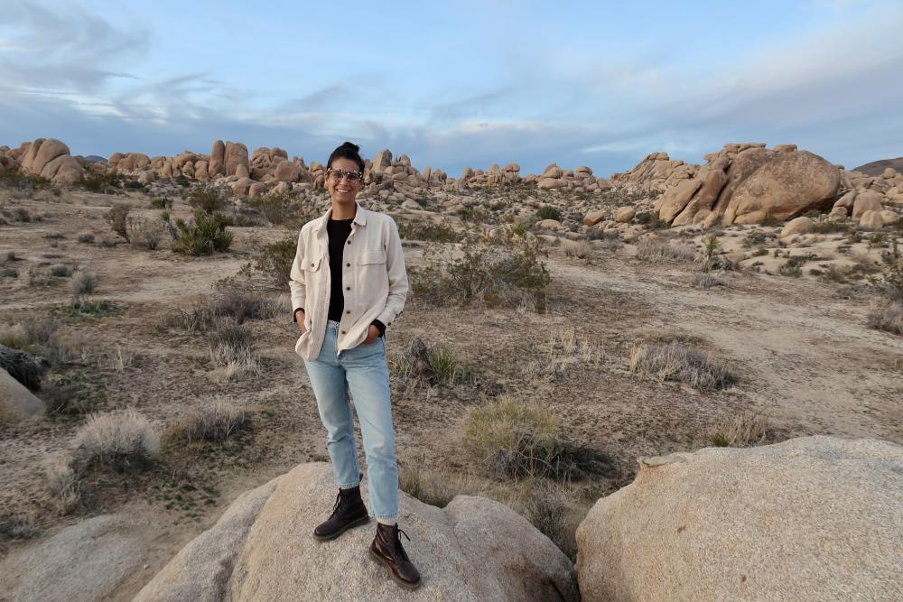 person stands atop a boulder surrounded by dozens of other boulders and desert.