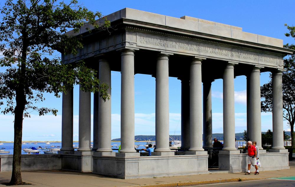 The structure that shelters Plymouth Rock in Pilgrim Memorial State Park, Massachusetts The structure that shelters Plymouth Rock in Pilgrim Memorial State Park, Massachusetts
