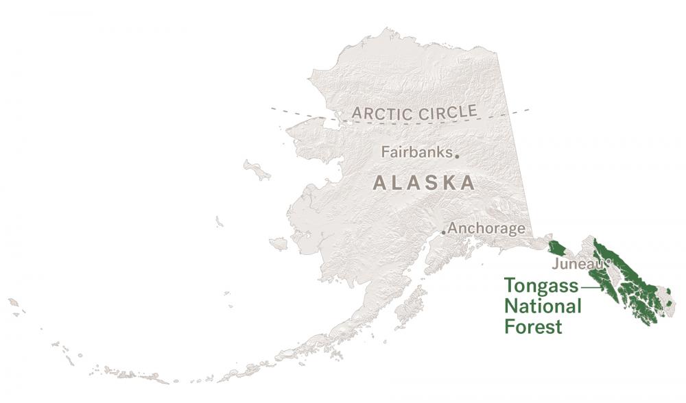 Gray map of Alaska with the Tongass National Forest marks in dark green on the panhandle of the state