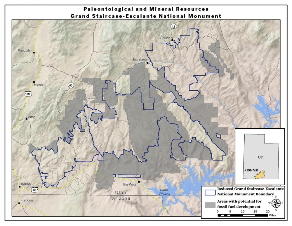 Areas with fossil fuel potential and the reduced boundaries of Grand Staircase-Escalante National Monument, Utah
