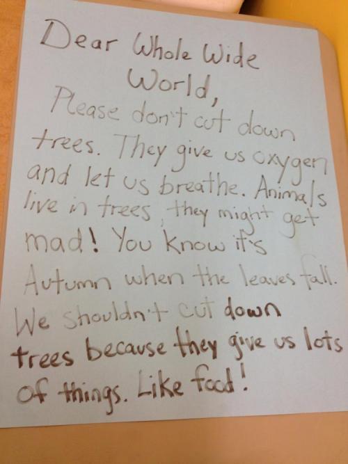 Mundo Verde instructor Tara McNerney transcribed students' answers to the question: "What can we do to protect trees?"
