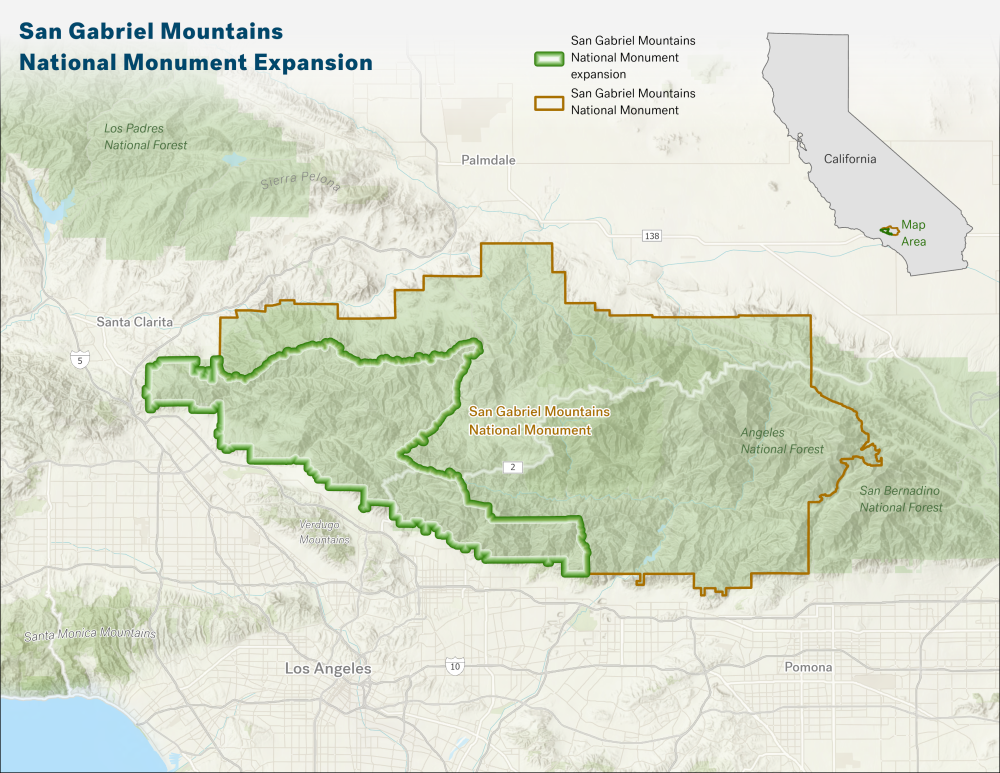 A map showing the current boundaries and proposed expansion of San Gabriel Mountains National Monument.