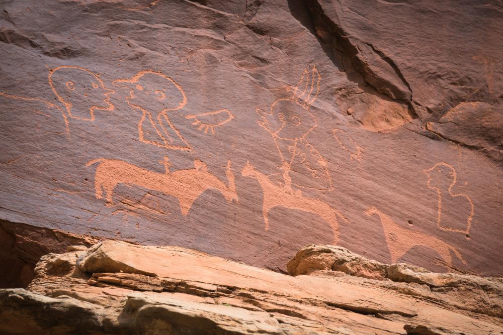 Rock art on a red sandstone background at Bears Ears National Monument, Utah
