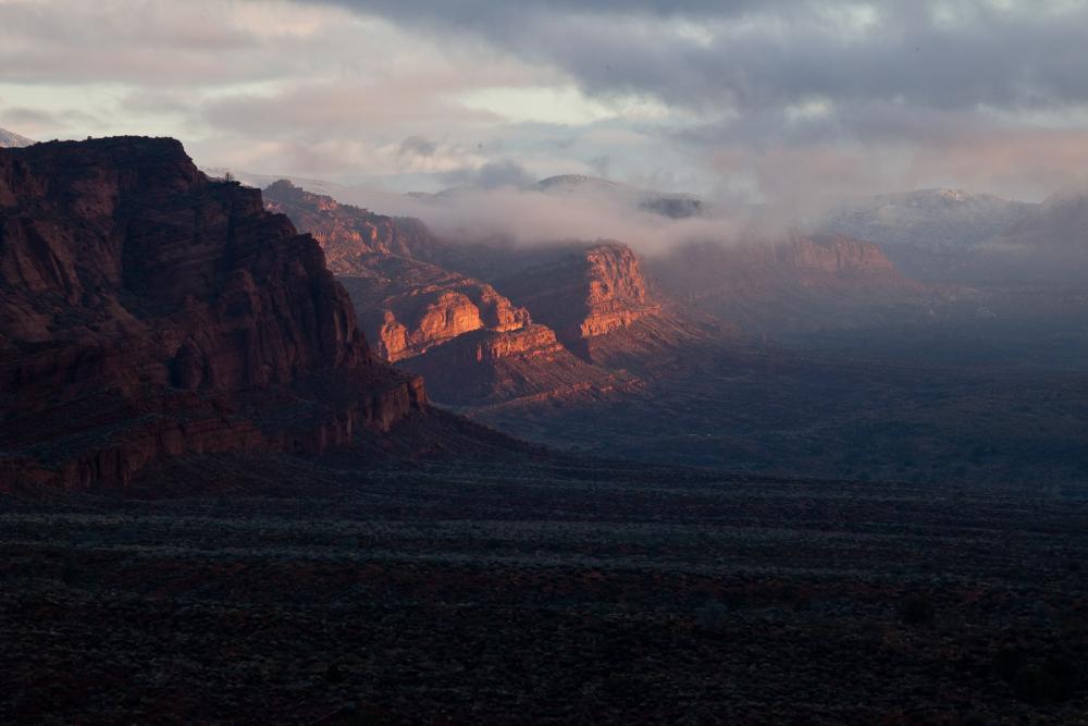 Sunset light hitting the cliffs in Cottonwood Canyon Wilderness, Utah.