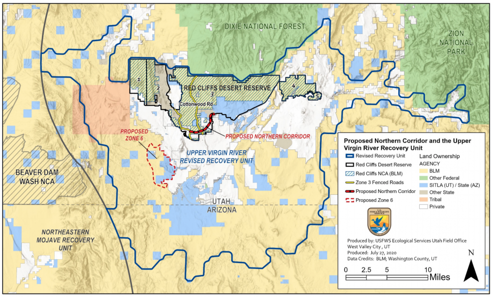 Map showing proposed Northern Corridor highway route curving through southmost edge of both the Red Cliffs reserve and conservation area in southern Utah