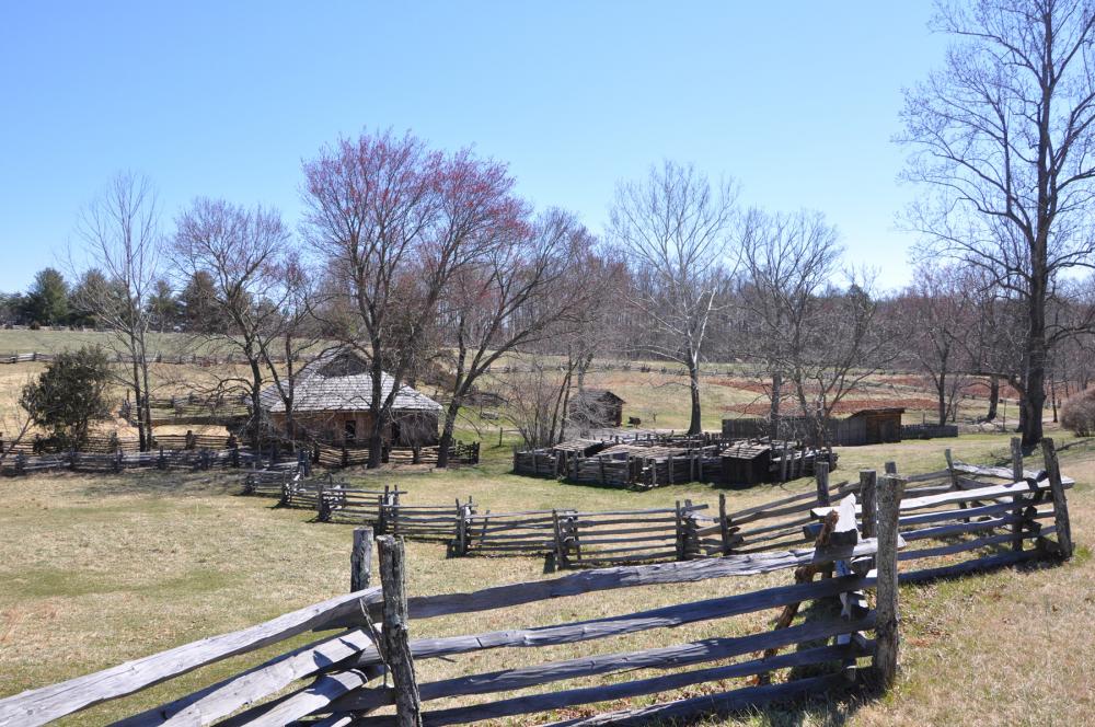 Farm with rustic fence in immediate foreground, Booker T. Washington National Monument, Virginia